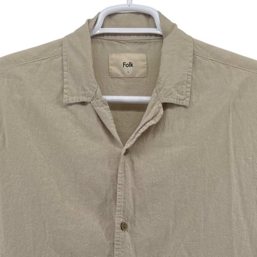 Folk Mens Linen Cotton Short Sleeve Shirt Tan Beige Embroidered Cuff Large